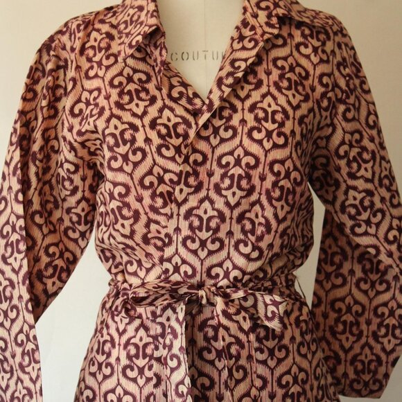 Vintage 1960s 1970s Dress, Burgundy and Ivory Batik Ethnic Print Wrap Dress - Picture 3 of 10